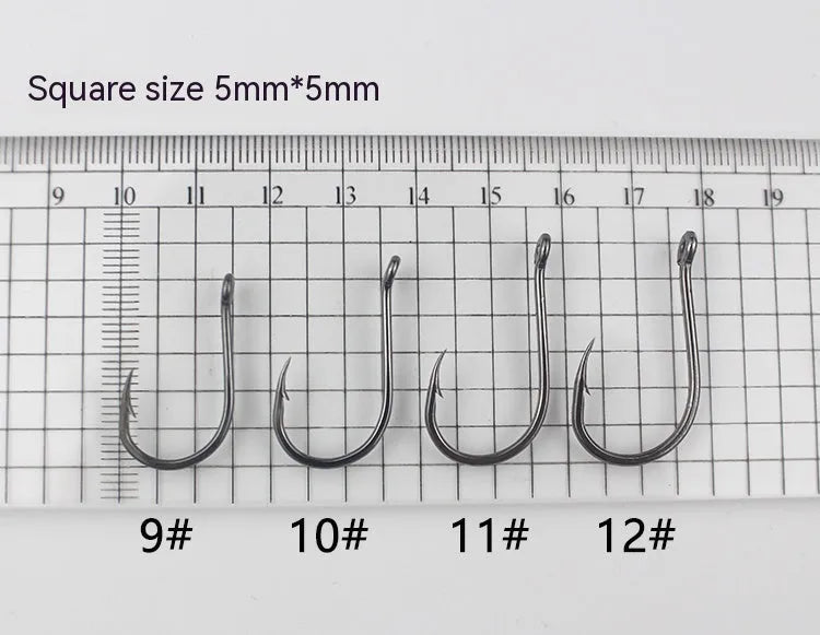 Bulk pack of alloy carbon steel sea fishing hooks with barbed crooked mouth design in various sizes.