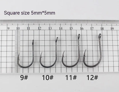 Bulk pack of alloy carbon steel sea fishing hooks with barbed crooked mouth design in various sizes.