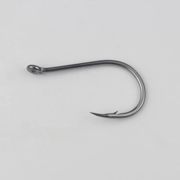 Bulk pack of alloy carbon steel sea fishing hooks with barbed crooked mouth design in various sizes.