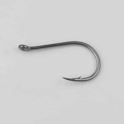 Bulk pack of alloy carbon steel sea fishing hooks with barbed crooked mouth design in various sizes.