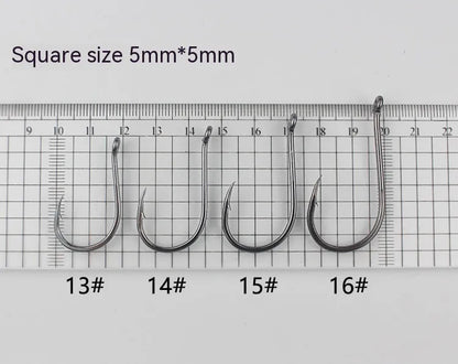 Bulk pack of alloy carbon steel sea fishing hooks with barbed crooked mouth design in various sizes.