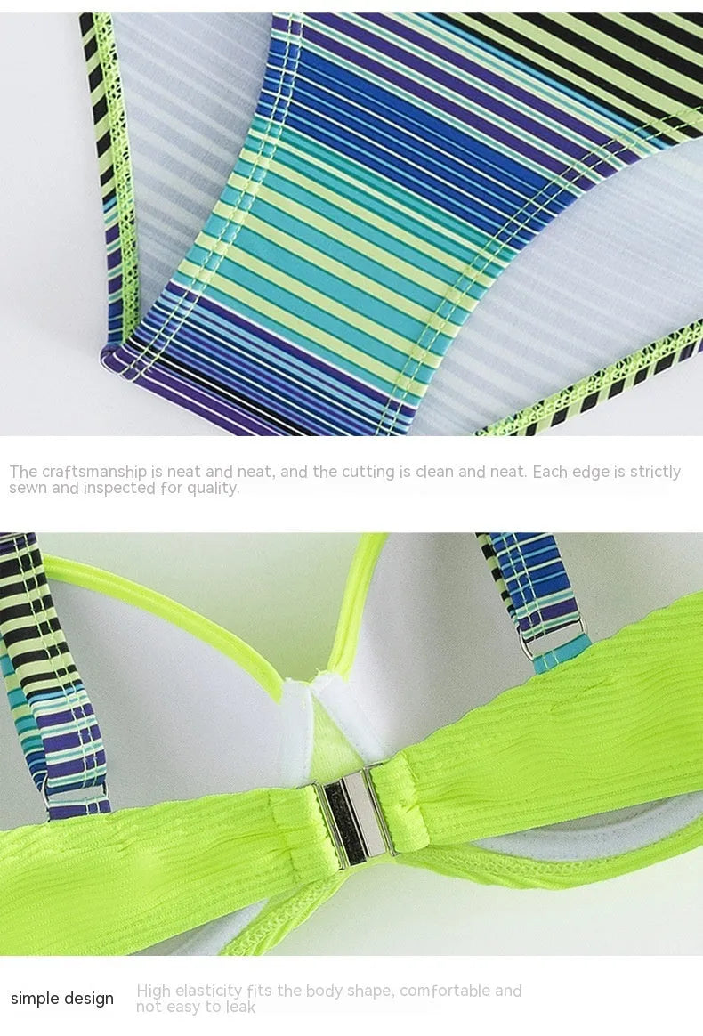 Green printed women's halter bikini set with split-side briefs bottoms