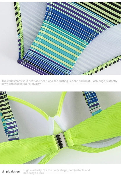 Green printed women's halter bikini set with split-side briefs bottoms