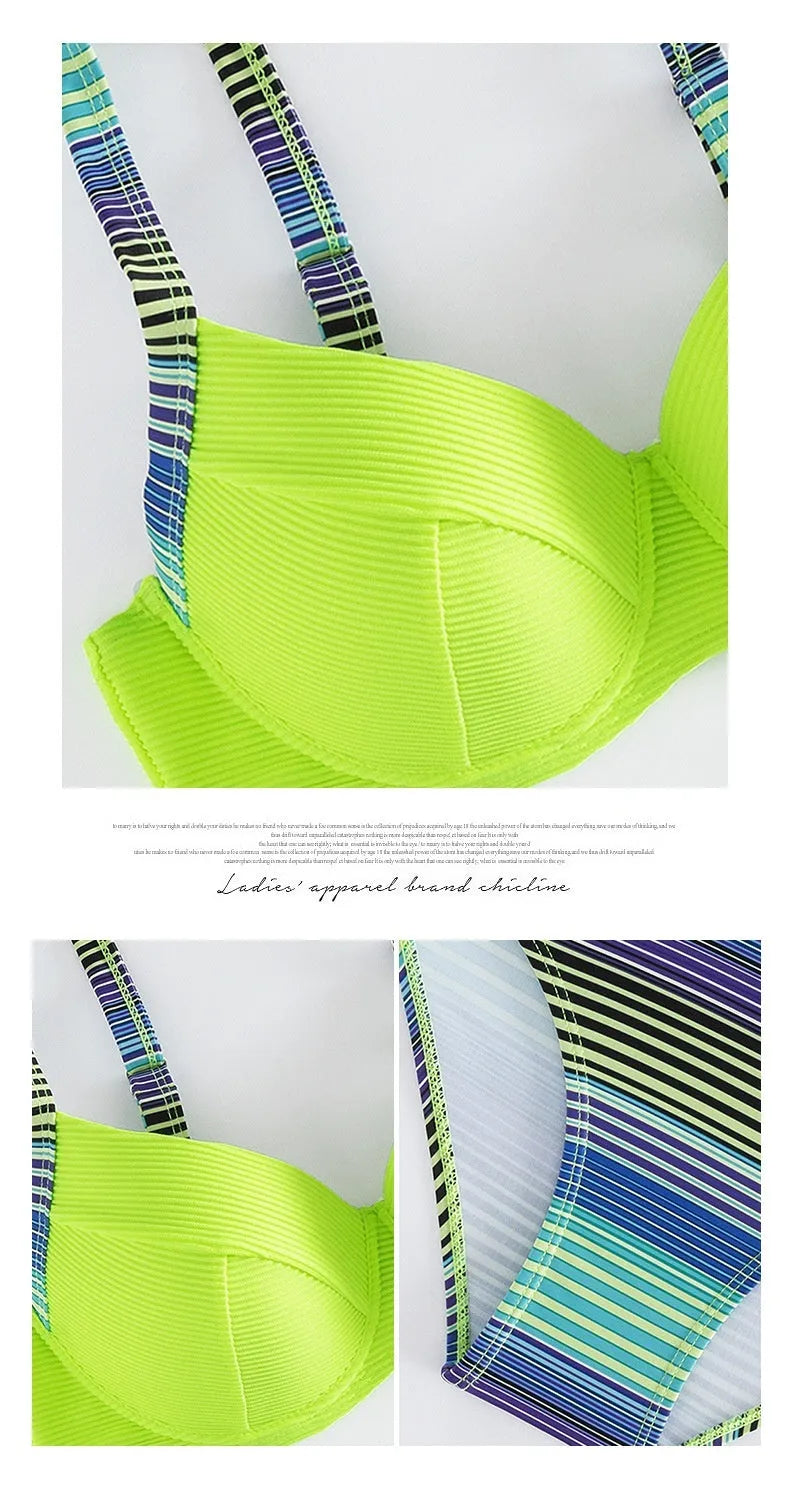 Green printed women's halter bikini set with split-side briefs bottoms