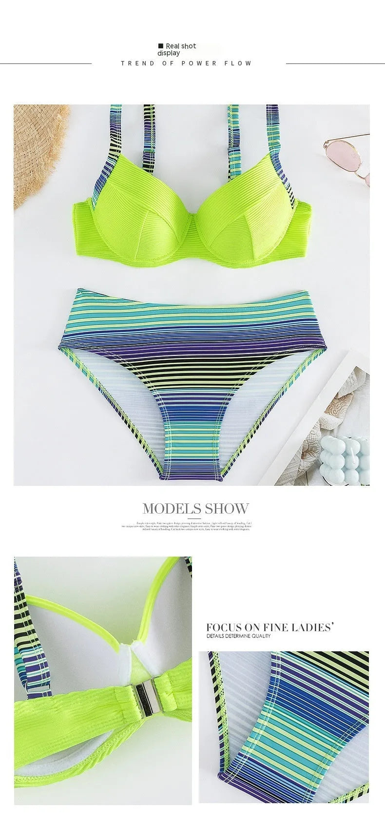 Green printed women's halter bikini set with split-side briefs bottoms