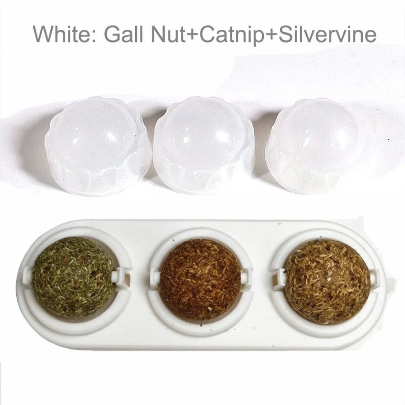 3-Piece Self-Adhesive Rotated Catnip Lick Ball Set for Cats, promoting dental health and interactive play