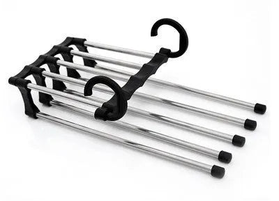 Five-boom stainless steel wardrobe hanger for trousers showing both level and vertical hanging methods