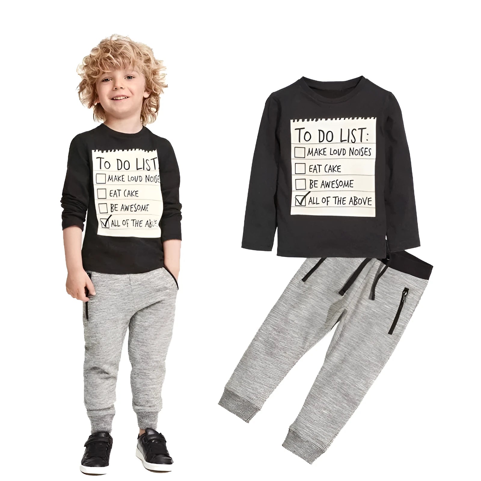 Boys cotton two-piece clothing set with long sleeve T-shirt and trousers in letter pattern