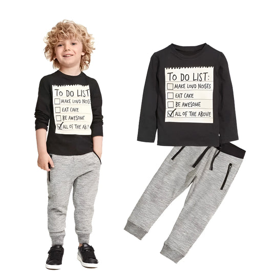 Boys cotton two-piece clothing set with long sleeve T-shirt and trousers in letter pattern