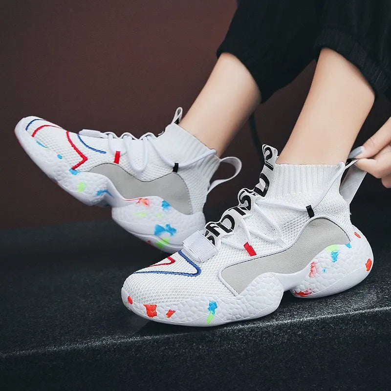 Men's camouflage sneakers with mesh upper and rubber sole, showing striped design and flat profile