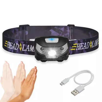 LED Headlamp 3000LM with mini body motion sensor in black, adjustable headband, and USB rechargeable battery