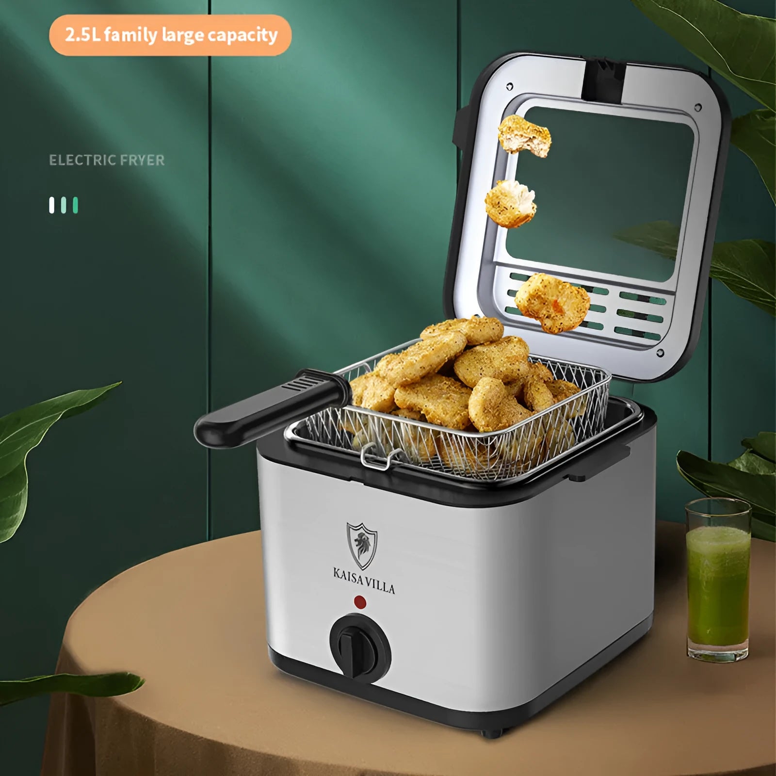 Silver electric air fryer appliance with detachable stainless steel basket on kitchen counter