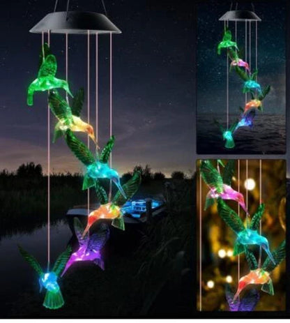 Vibrant solar-powered color changing wind chime with hummingbird and butterfly design for outdoor decor