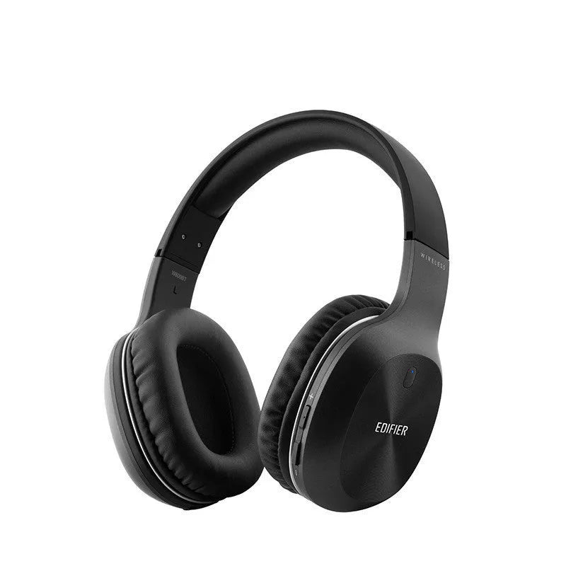 Black wireless sports headphones with Bluetooth 5.0 shown on a grey background.