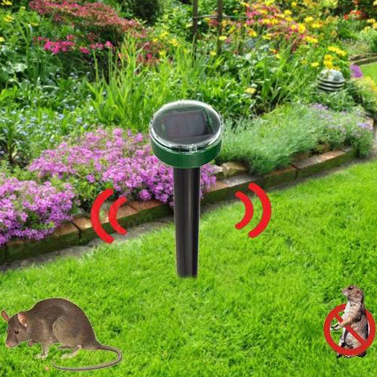 Solar-powered ultrasonic pest repeller with watertight design and 360-degree coverage to deter rodents and snakes in yard and garden