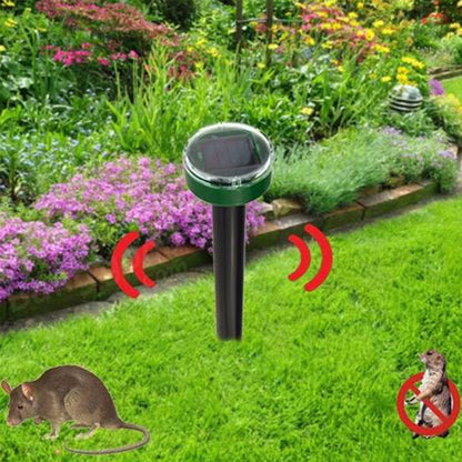 Solar-powered ultrasonic pest repeller with watertight design and 360-degree coverage to deter rodents and snakes in yard and garden