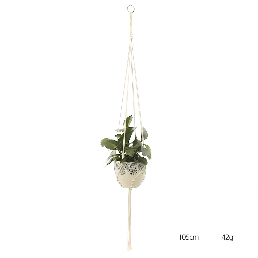 Hand-knitted cotton flowerpot net bag showing mesh pattern and hanging installation