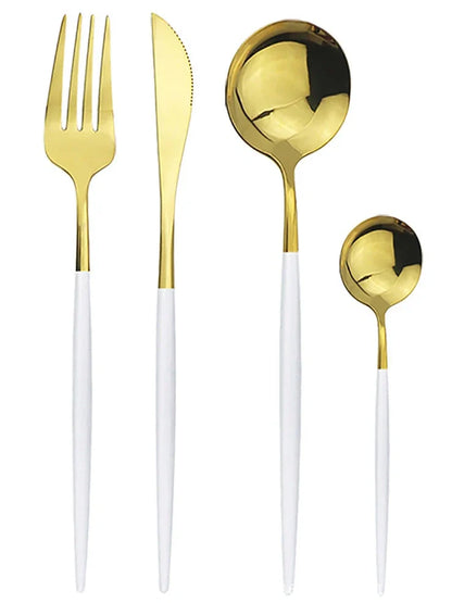24-piece stainless steel cutlery set with mirror-polished finish showing six place settings in gold colour