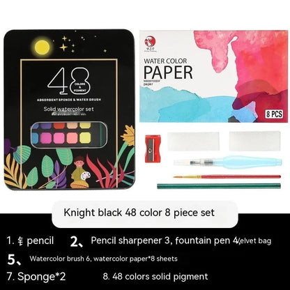 48 colour solid watercolour paint set showing Black Knight, Girl Pink and Sunshine Blue pigment blocks