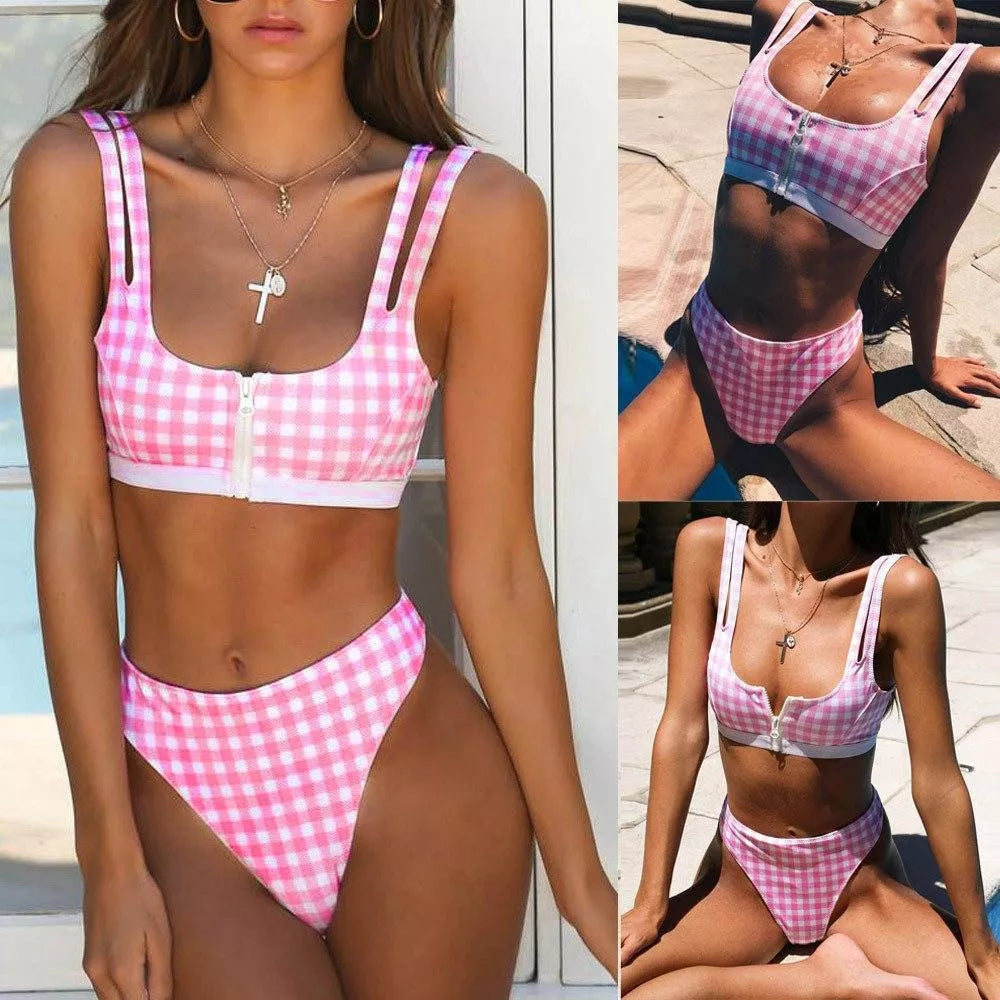 Pink plaid slim two-piece bikini swimsuit for small to large sizes