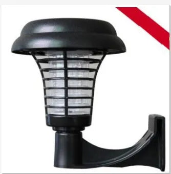 Black solar LED anti-mosquito lamp with UV bug zapper, metal grill and solar panel for outdoor garden use