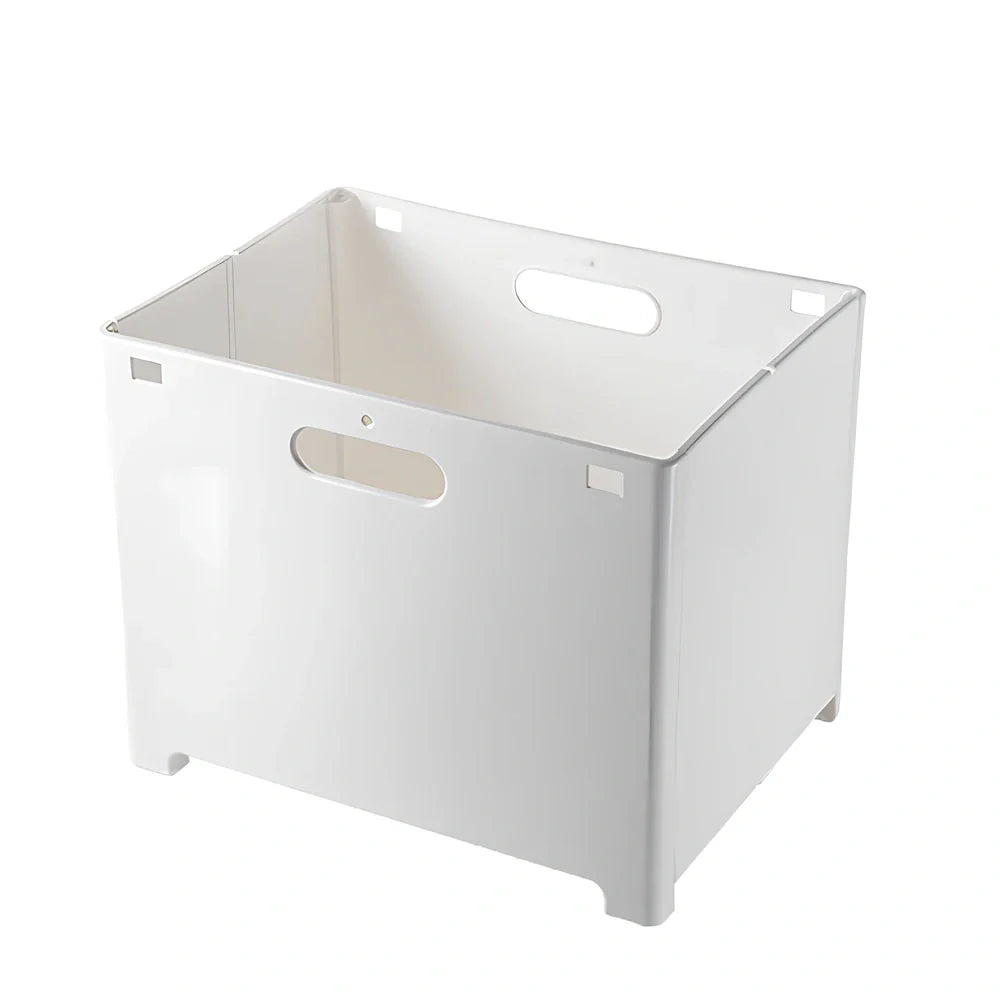 White wall-mounted bathroom storage cabinet with integrated table surface for laundry organisation