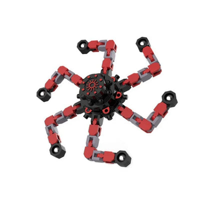 Transformable fidget spinner chain toy in various colors, including blue, red, and yellow, with a suction cup for hands-free spinning
