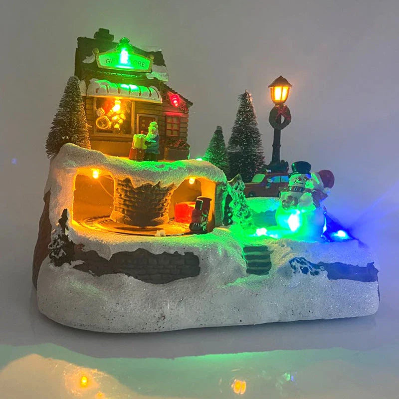 Enchanting Christmas house decoration with glowing LED lights, rotating snowman, Santa Claus, and children, and playing classic holiday music