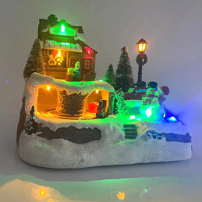 Enchanting Christmas house decoration with glowing LED lights, rotating snowman, Santa Claus, and children, and playing classic holiday music