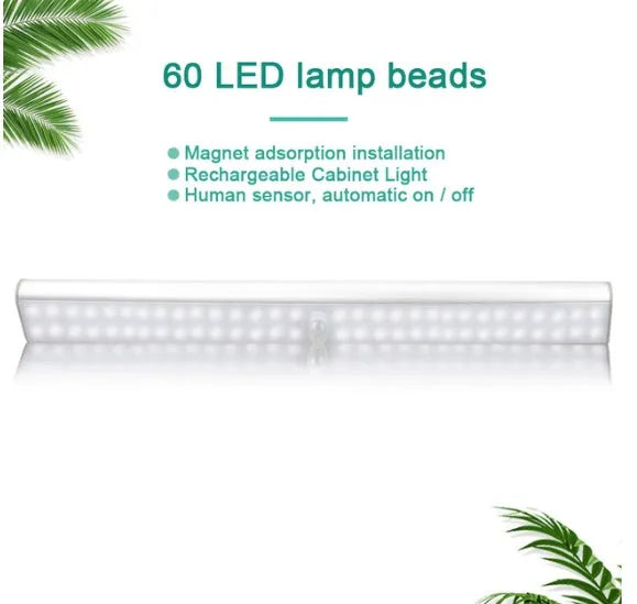 Rechargeable LED motion sensor light in three sizes: 24, 40, and 60 beads, with cold white or warm white options