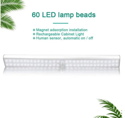 LED motion sensor light with rechargeable battery in three sizes: 24, 40, or 60 beads, showing cold white and warm white options.