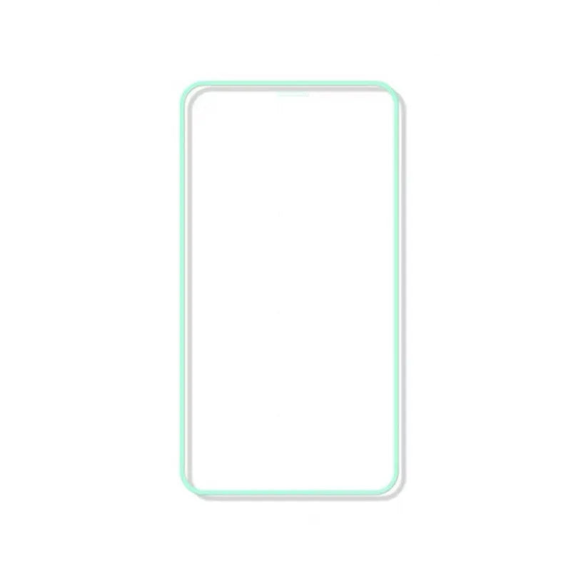 Luminous tempered glass screen protector glowing in dark next to iPhone