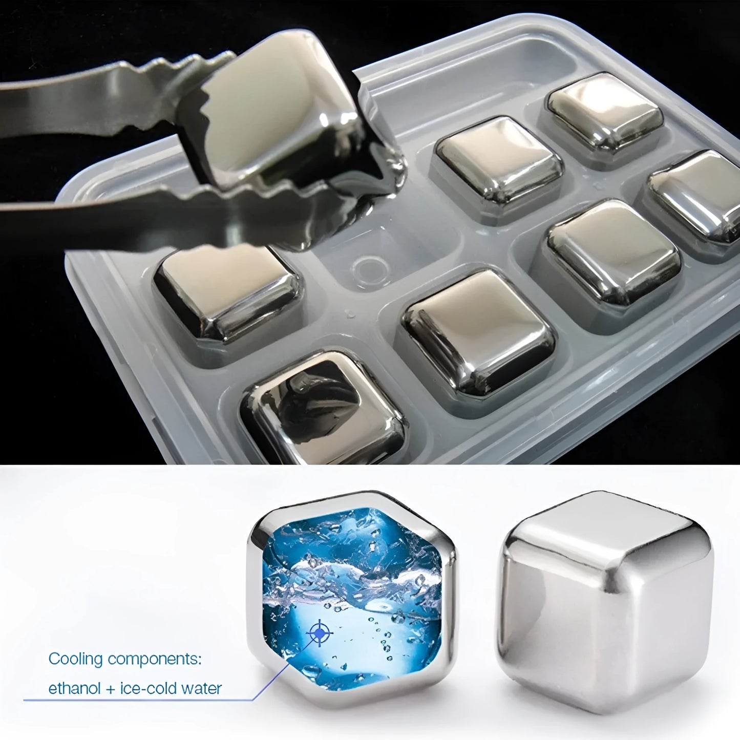 Set of eight stainless steel whiskey cooling stones with metal clip in plastic storage container
