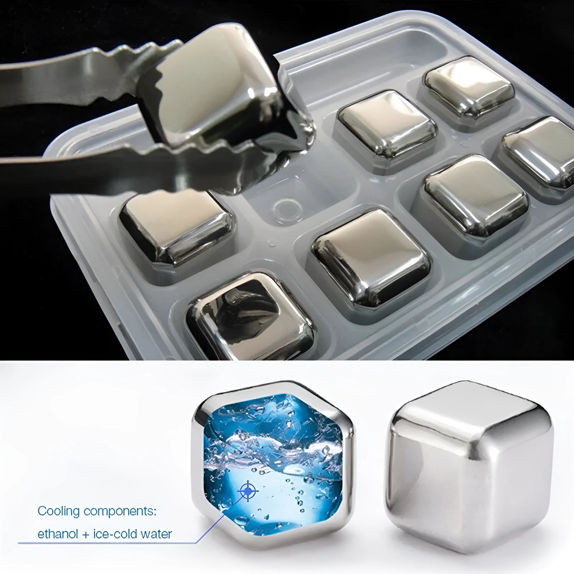 Set of eight stainless steel whiskey cooling stones with metal clip in plastic storage container