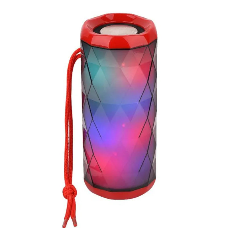 Portable Bluetooth speaker with dual 5W drivers, LED light, available in blue, green, grey and red.