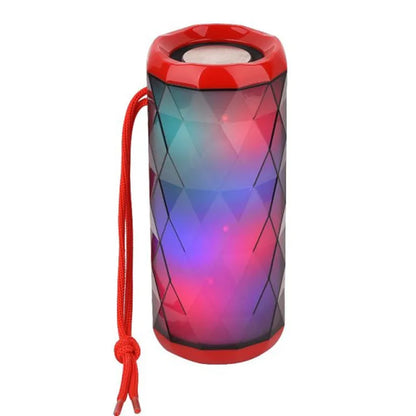 Portable Bluetooth speaker with dual 5W drivers, LED light, available in blue, green, grey and red.