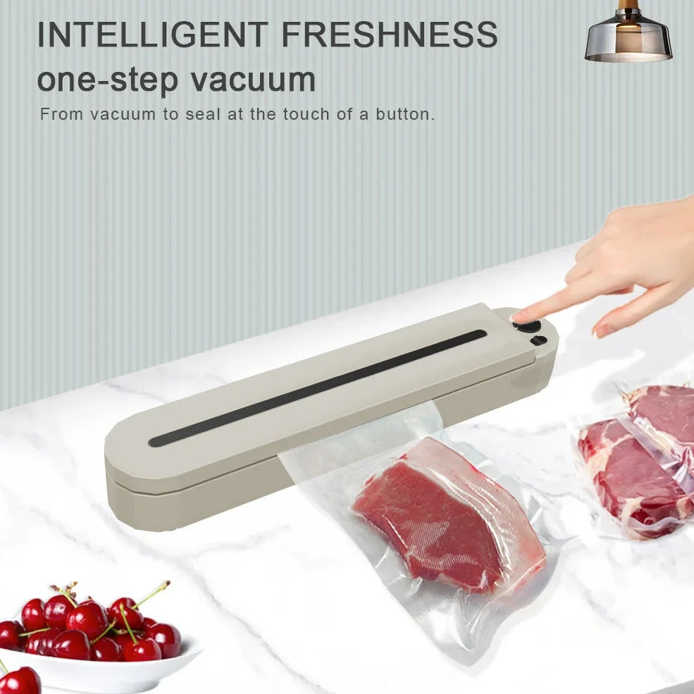 Black household vacuum sealing machine with 90W power, vacuum bags, and external tubes for food preservation