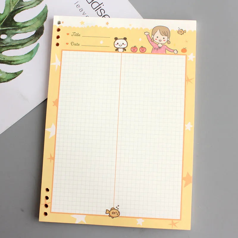 B5 loose-leaf refill paper for binder notebooks, 40-page refill pad with PP cover, cartoon coloured paper sheets for school, office, or home organisation in blue, green, pink, yellow, or transparent shell options.