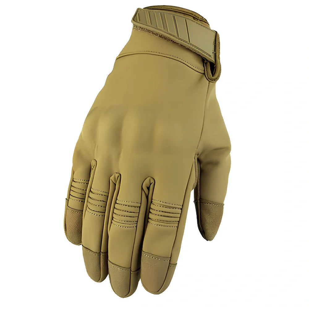 Outdoor tactical gloves with conductive fingertips and reinforced palm grip in camouflage pattern