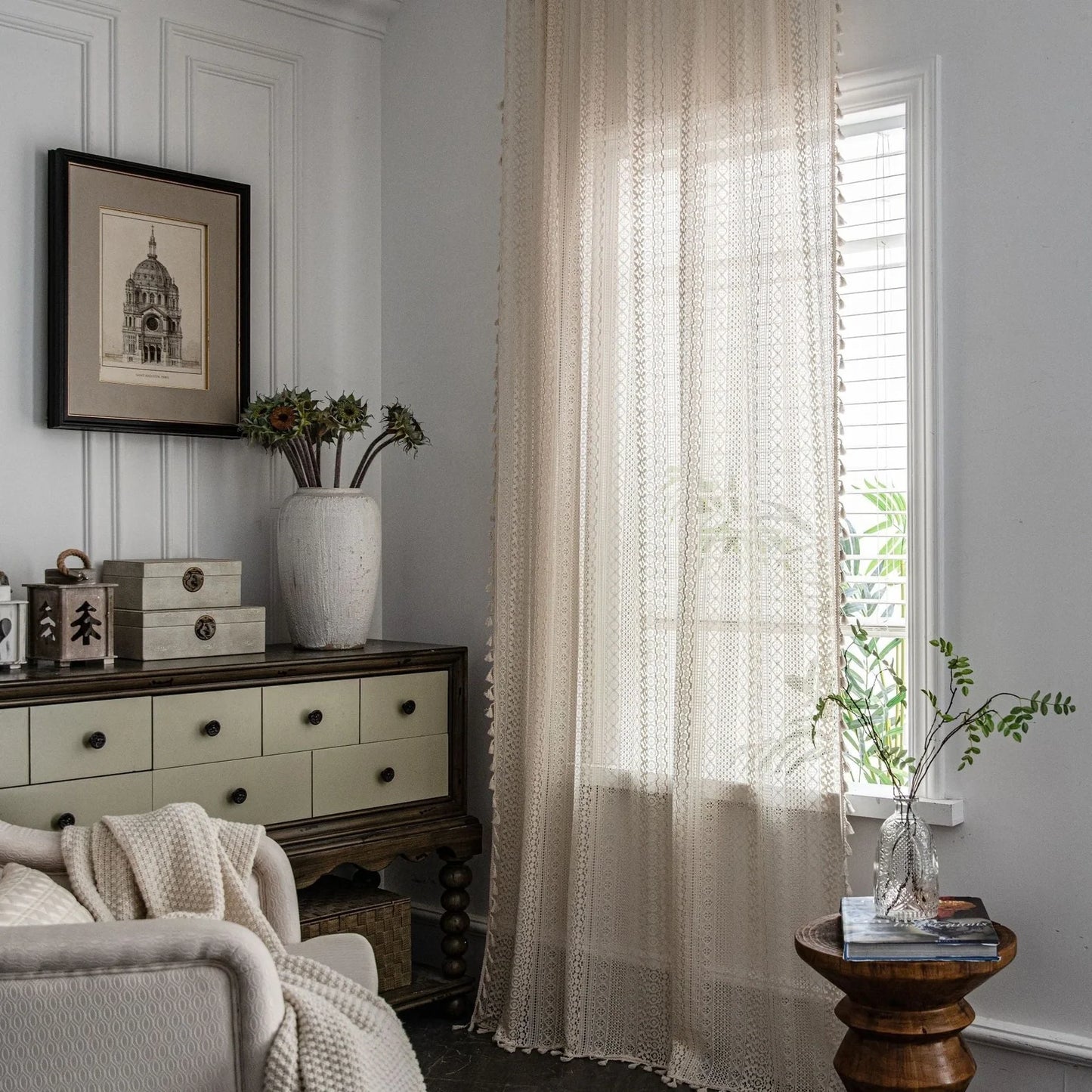 Translucent American country hollow crochet curtain with intricate pattern and 60% cotton fabric