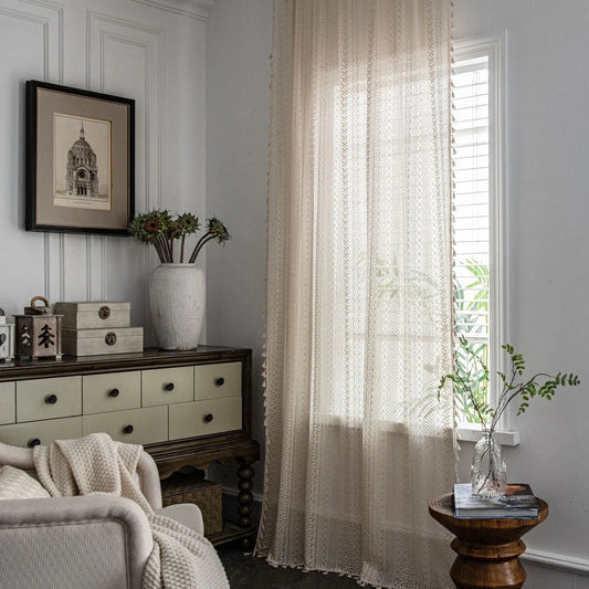 Translucent American country hollow crochet curtain with intricate pattern and 60% cotton fabric