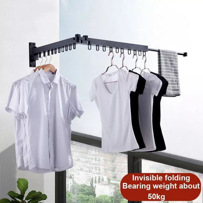 Balcony folding telescopic clothes rack in black, gold, or silver, adjustable and space-saving