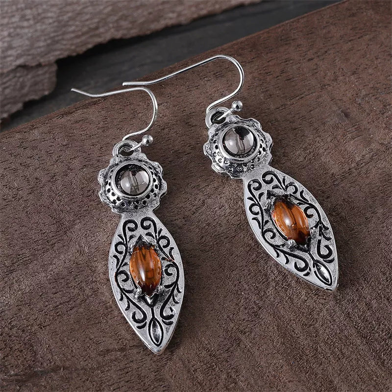 European and American retro pattern two-tone gemstone earrings in ancient silver
