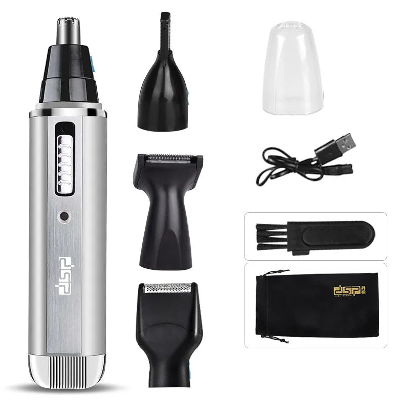 Blue cordless electric shaver and multi-groomer with trimming attachments on a white background.