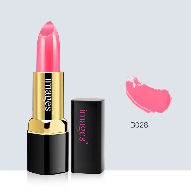 Moisturising lip gloss stick in a compact case, shown in shades like coral red and barbie pink.