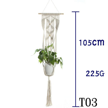 Beige cotton rope hanging basket with various styles for indoor plant display