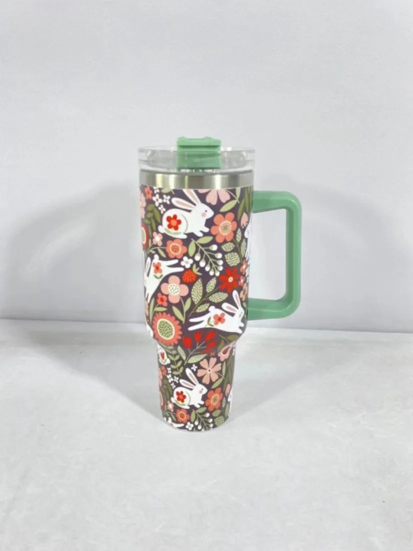 Stainless steel travel tumbler with handle, 1200ml capacity, Christmas pattern design, car cup holder compatible