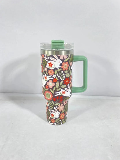 Stainless steel travel tumbler with handle, 1200ml capacity, Christmas pattern design, car cup holder compatible