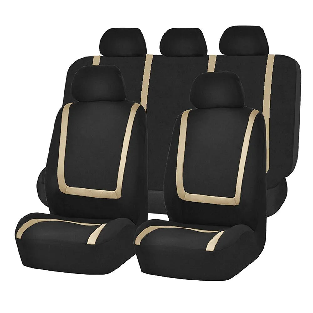 Fully enclosed fabric car seat cover set showing front and rear seat protection in a beige and black colour combination.