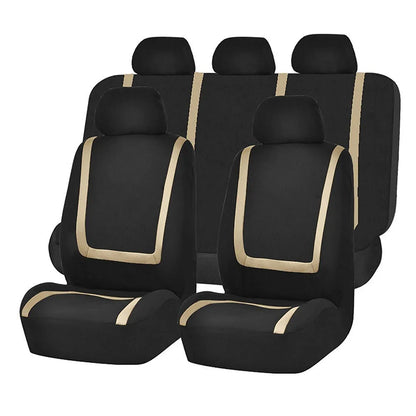 Fully enclosed fabric car seat cover set showing front and rear seat protection in a beige and black colour combination.